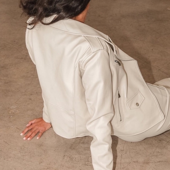 Lulus Beige Vegan Leather Moto Jacket Small - Picture 5 of 10